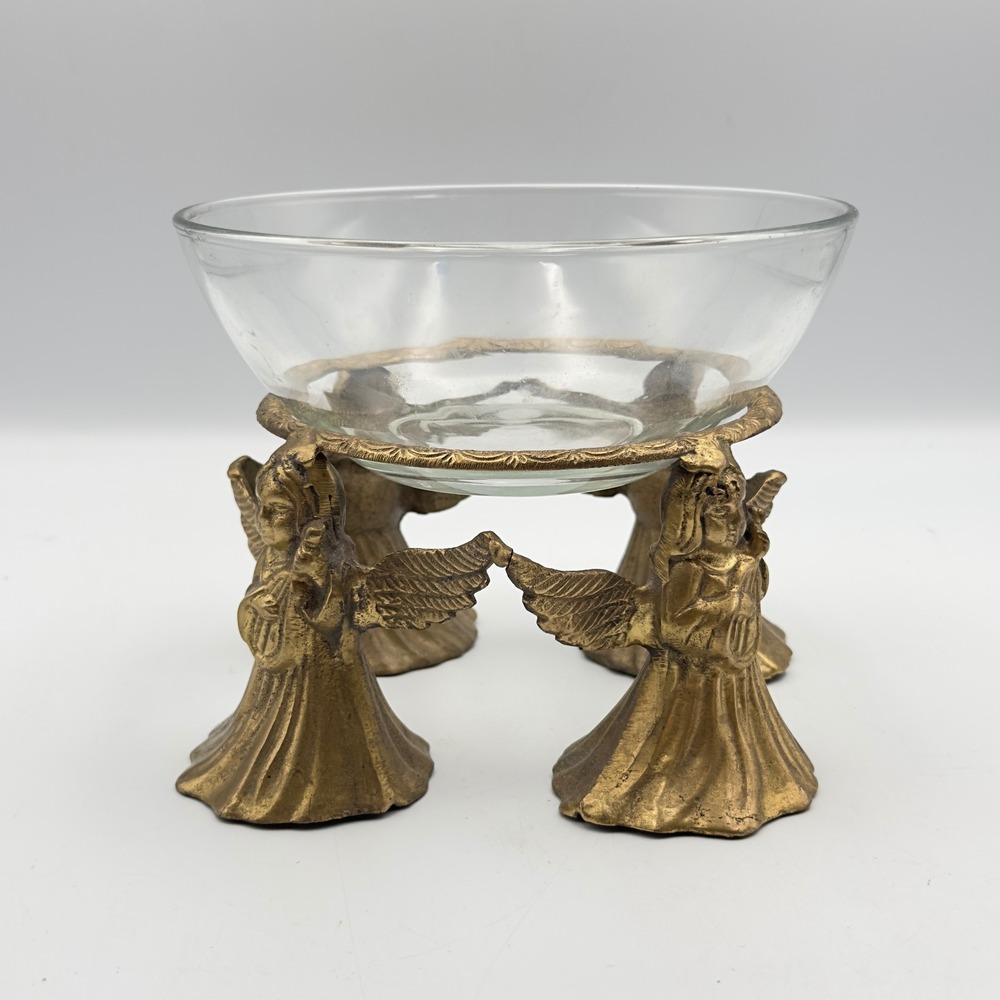 Vintage Brass Cherub Angel Pedestal Centerpiece Stand with Glass Bowl‎